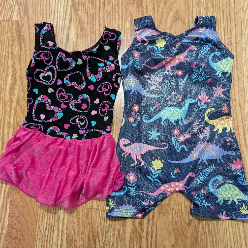 Girls' Dance Leotards - Heart Print Black/Pink & Dino Navy/Multicolor